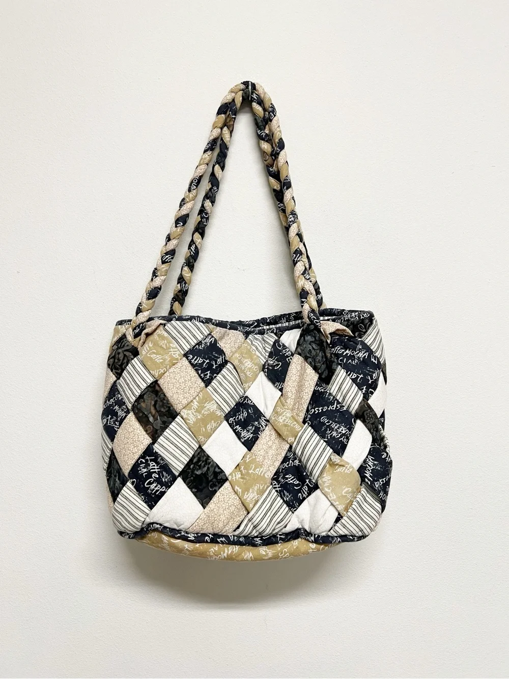 Womens Black White Tan Coffee Themed Boho Lagenlook Quilted Patchwork Tote Bag